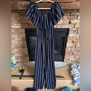 Chic Navy Off-Shoulder Jumpsuit with Stripes